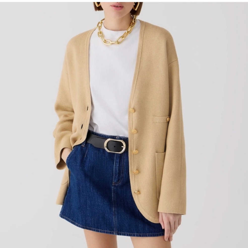 🍁JCREW! Sweater Blazer Long V-Neck w Gold Buttons Light Khaki Polished! Sz XS